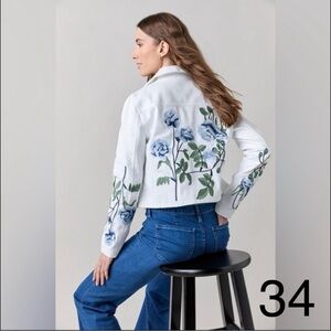 Francesca's White Jean Jacket with Blue Floral Embroidery